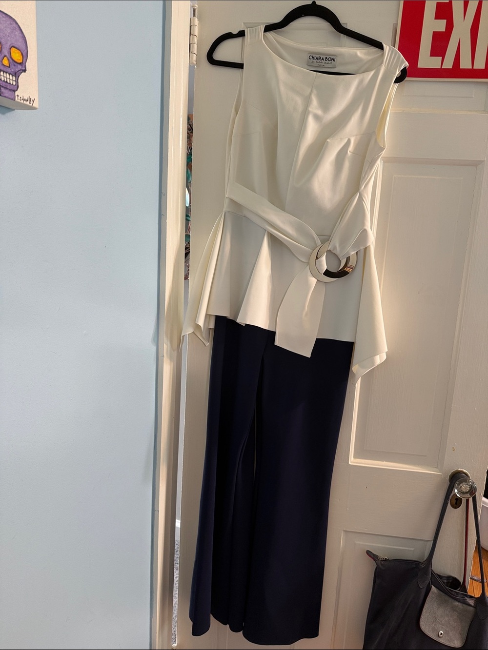 Chiara Boni White Peplum Belted Top & Navy Pants Set